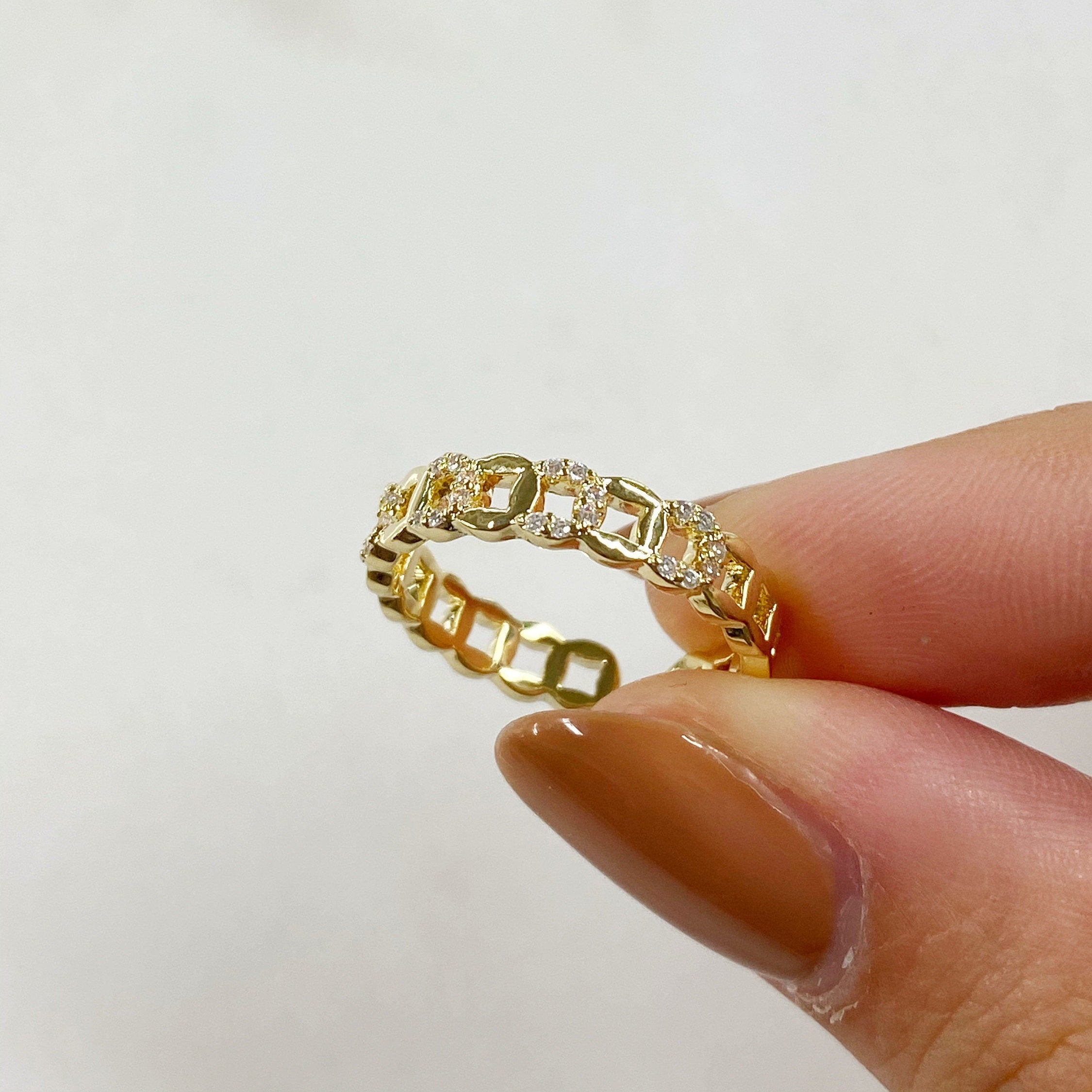 Gold Plated Adjustable Chain Link Style Ring CZ Stackable Ring