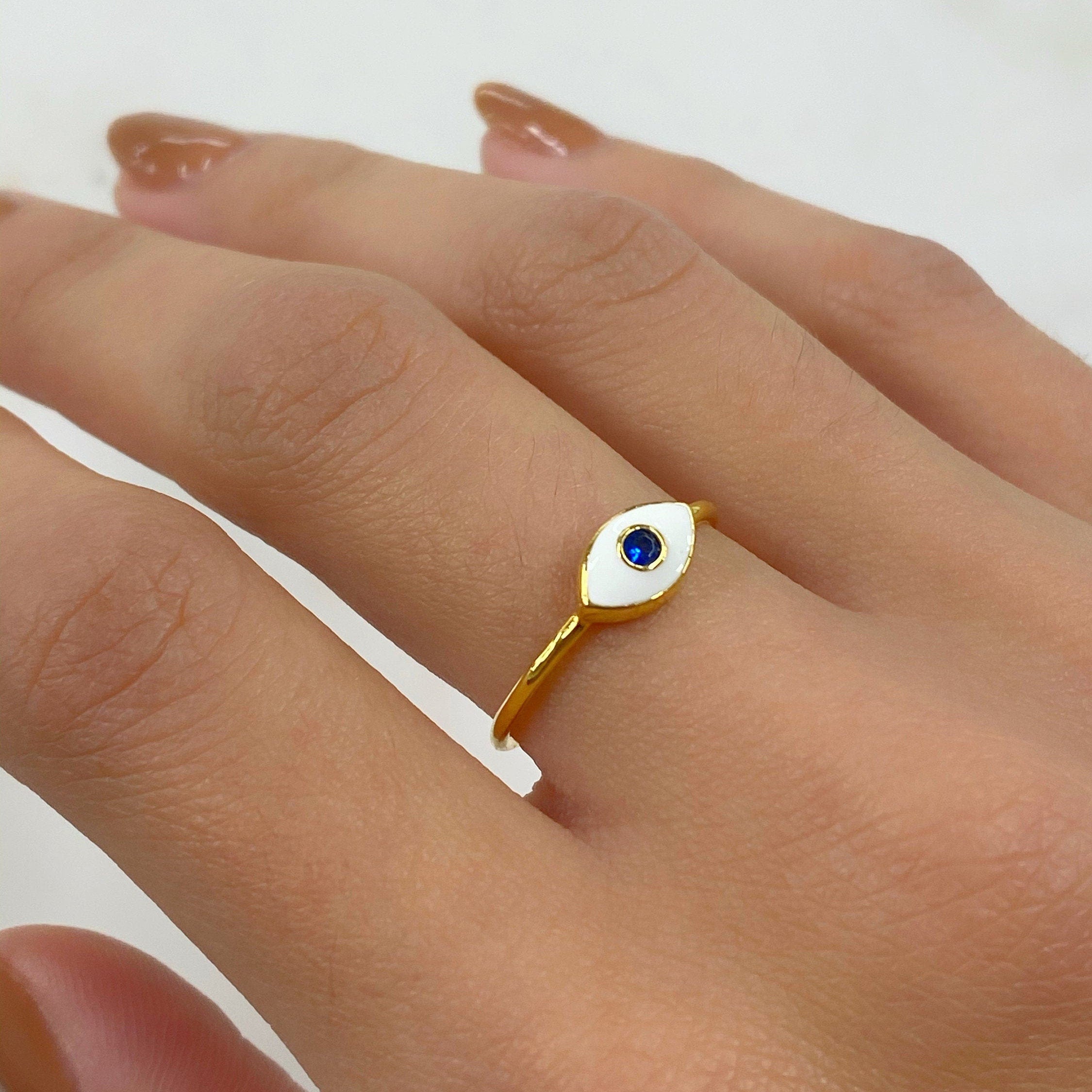 Gold Plated Evil Eye Ring White Enamel Blue Stone Thin Protection