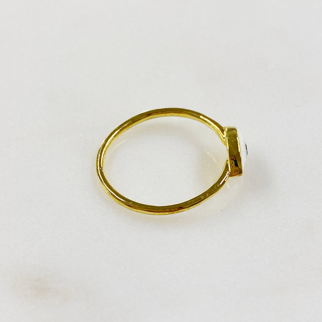Gold Plated Evil Eye Ring White Enamel Blue Stone Thin Protection