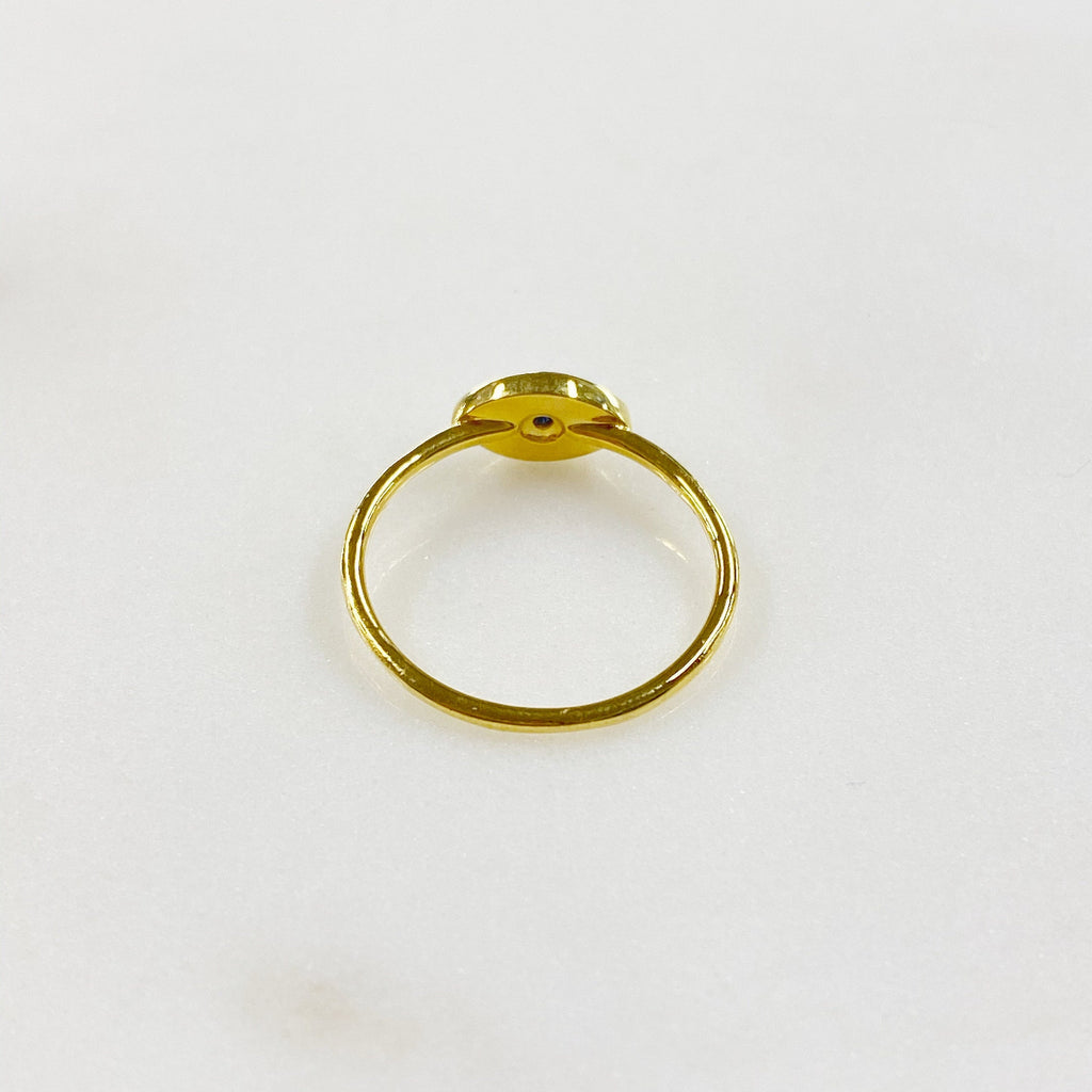 Gold Plated Evil Eye Ring White Enamel Blue Stone Thin Protection