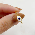 Gold Plated Evil Eye Ring White Enamel Blue Stone Thin Protection