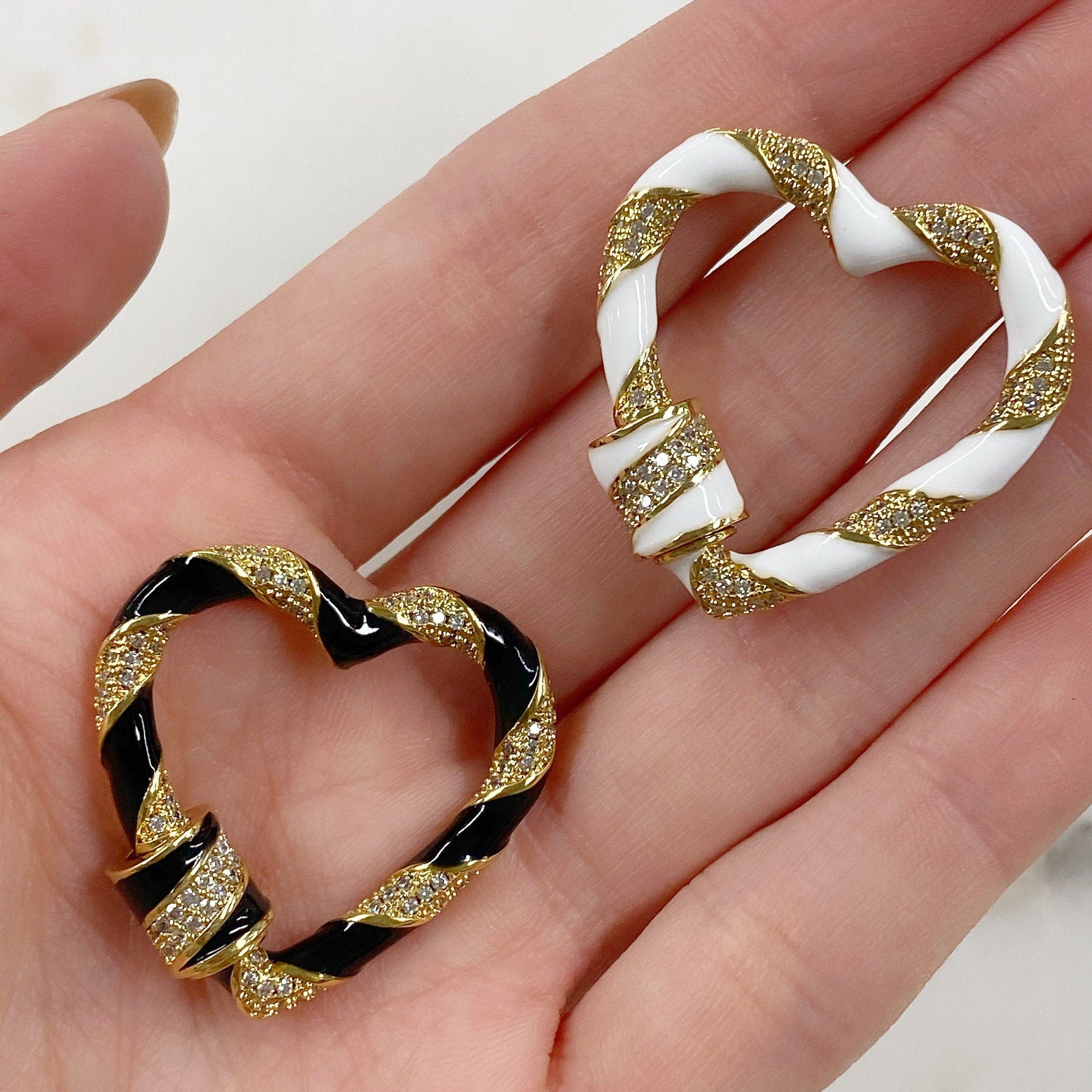 26mm Gold Plated Large Heart Shaped Enamel Carabiner Cubic Zirconia