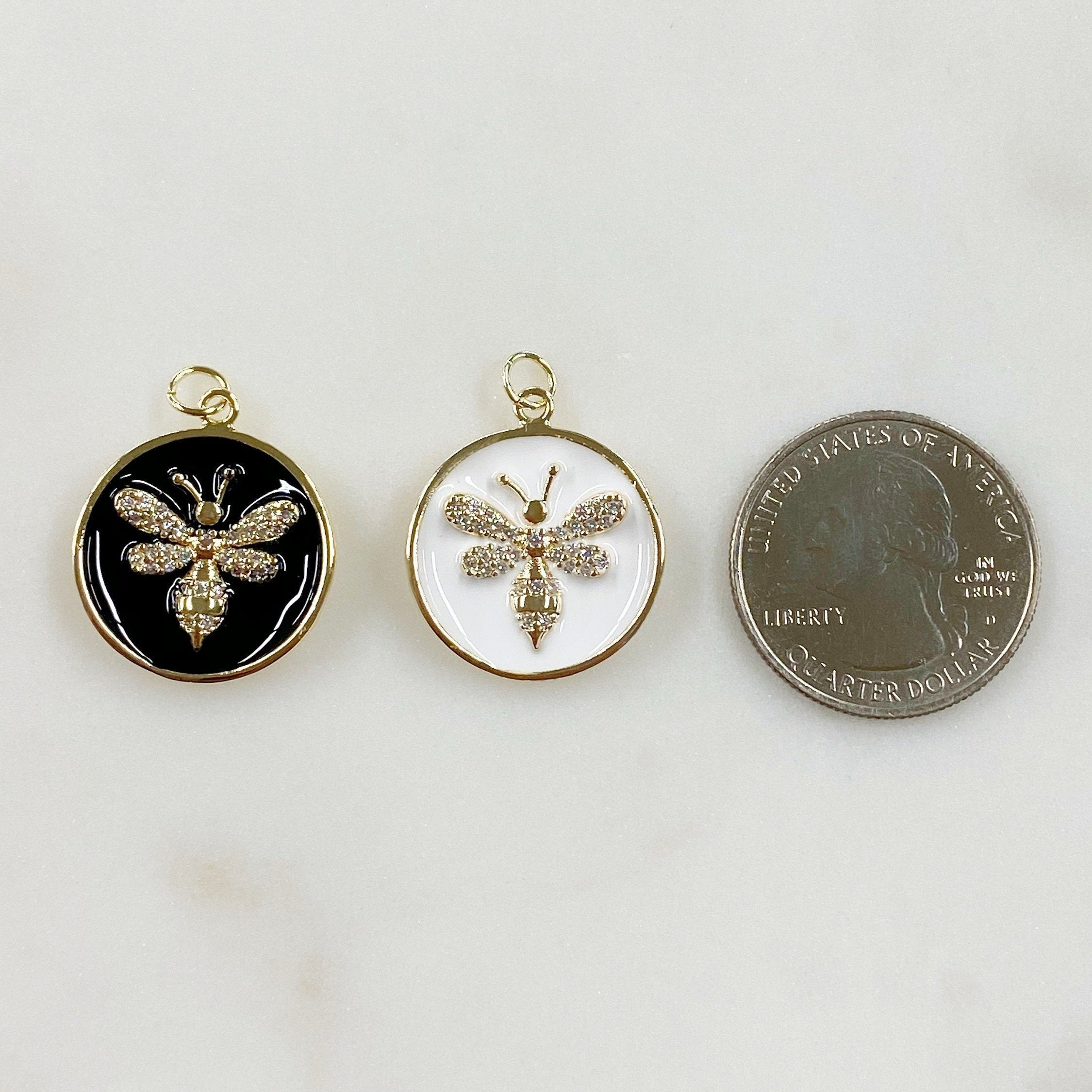20mm Gold Plated Bumble Bee Coin Charm Black or White Enamel Cubic