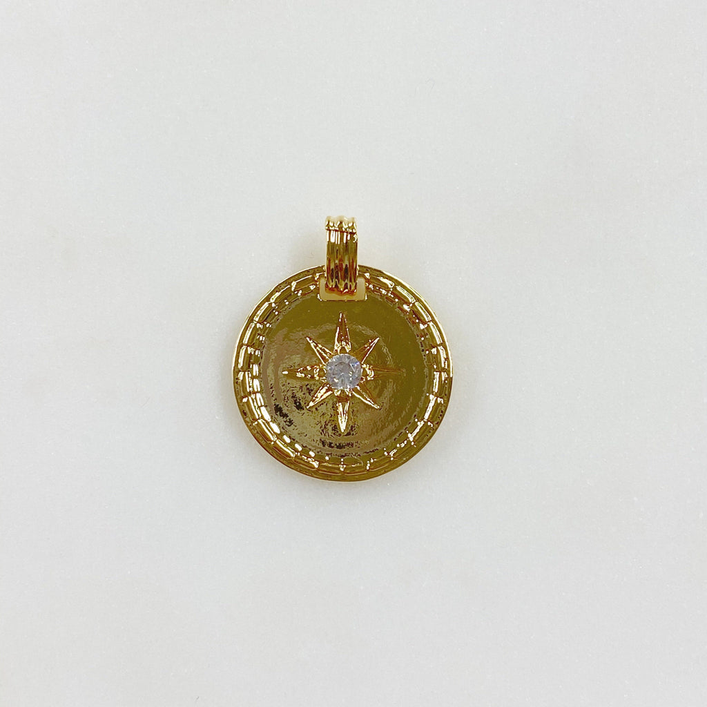 Gold Plated 8 Point Starry Coin Charm 16K Celestial Coin Pendant