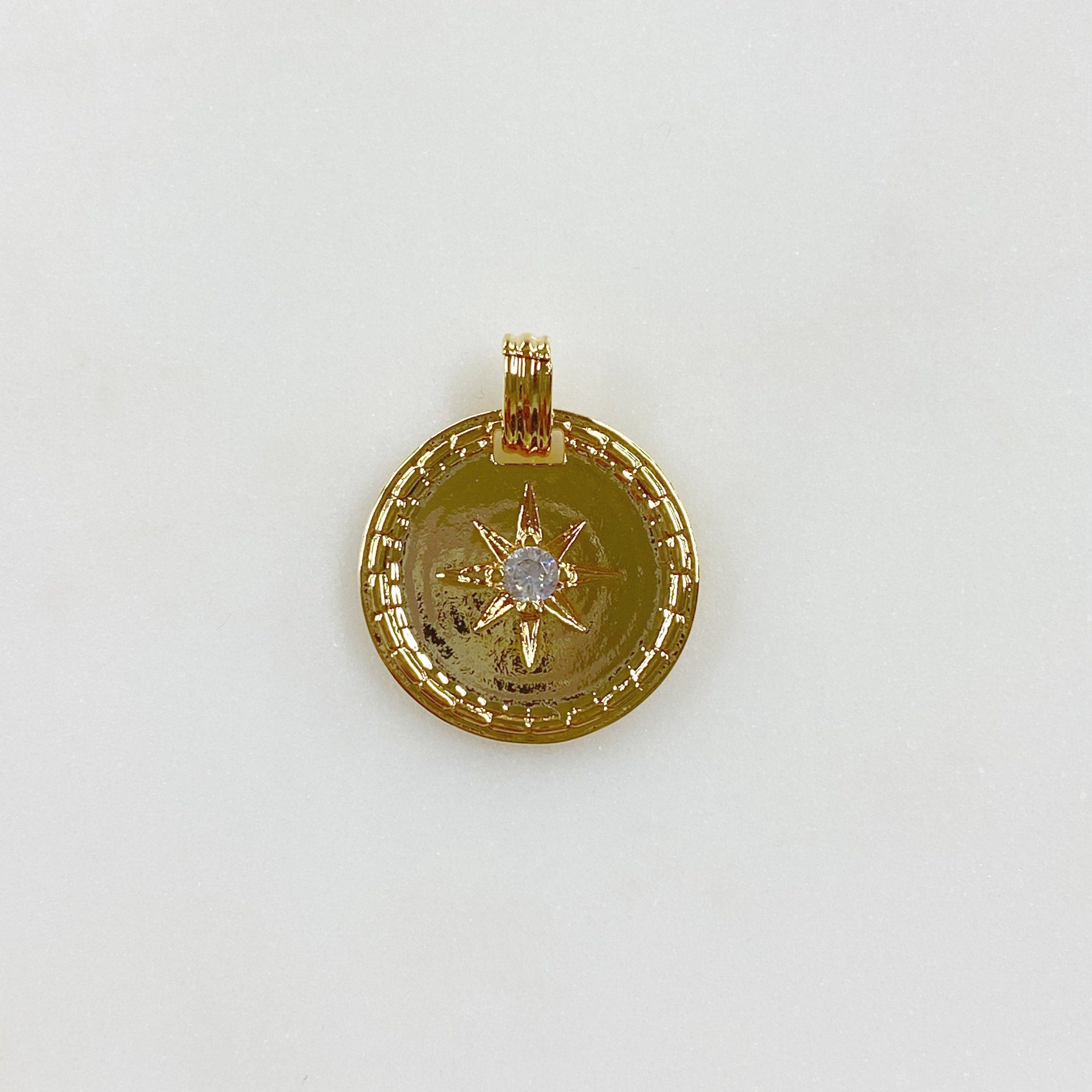 Gold Plated 8 Point Starry Coin Charm 16K Celestial Coin Pendant