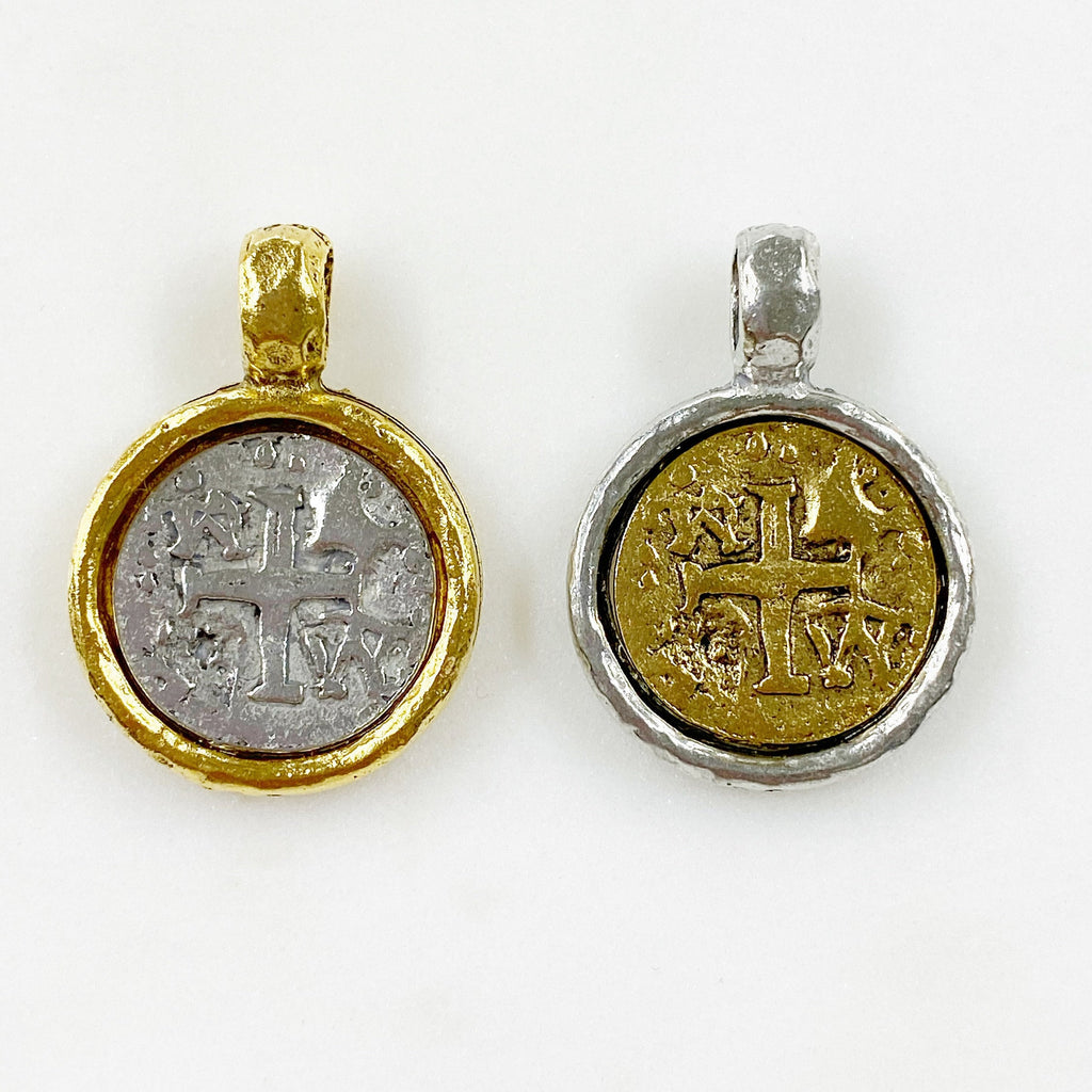 25mmx22mm Pewter Medieval Double Sided Cross Coin Pendant Charm Silver