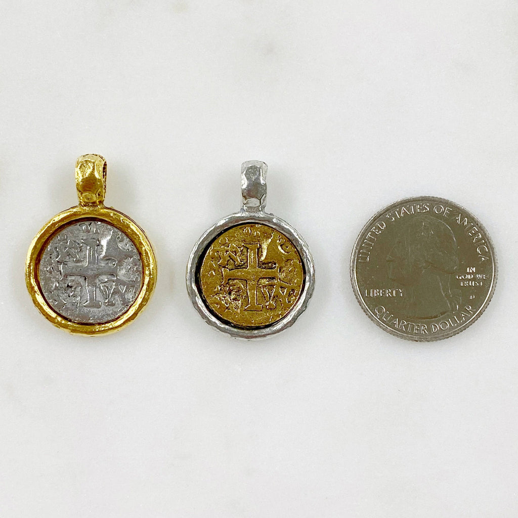 25mmx22mm Pewter Medieval Double Sided Cross Coin Pendant Charm Silver