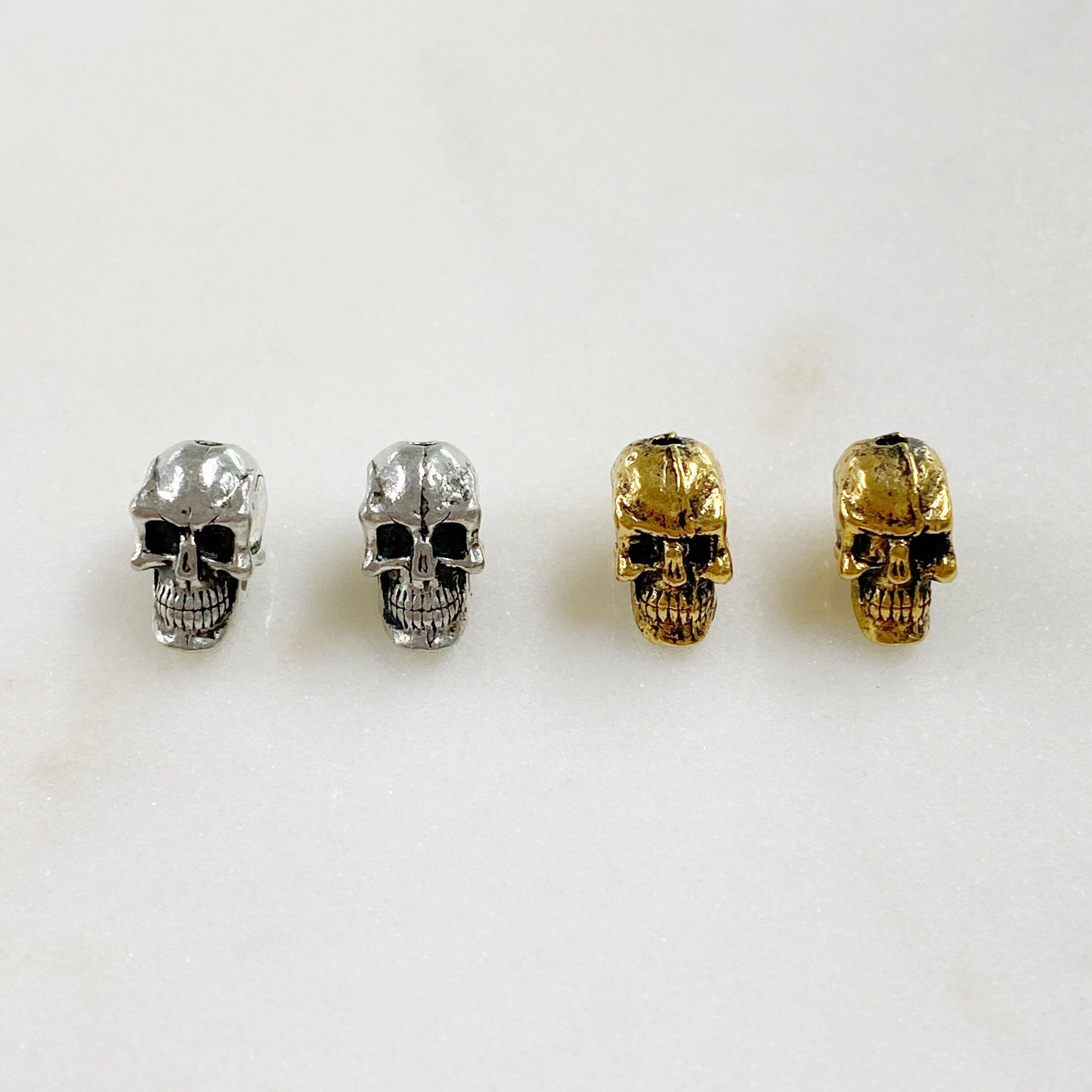10mmx5mm Pewter Small Skull Head Bead Vertical Hole Pendant Halloween (2pc)