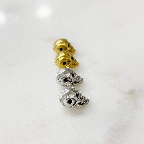 10mmx5mm Pewter Small Skull Head Bead Horizontal Hole Pendant Halloween (2pc)