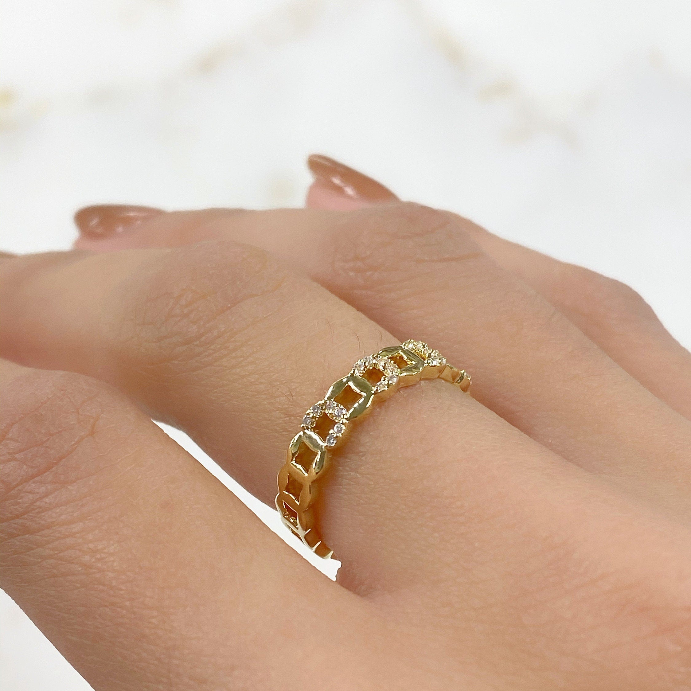 Gold Plated Adjustable Chain Link Style Ring CZ Stackable Ring