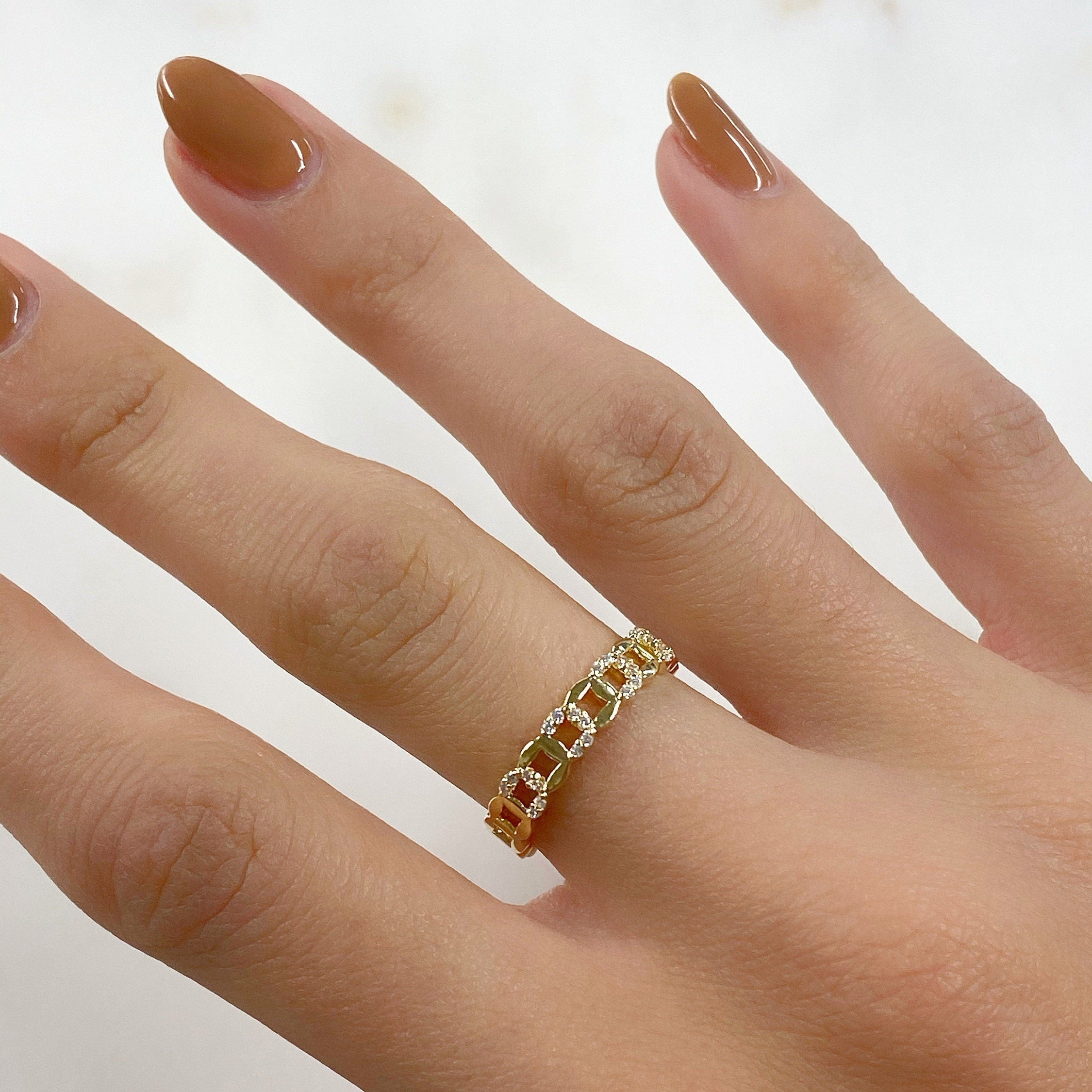 Gold Plated Adjustable Chain Link Style Ring CZ Stackable Ring