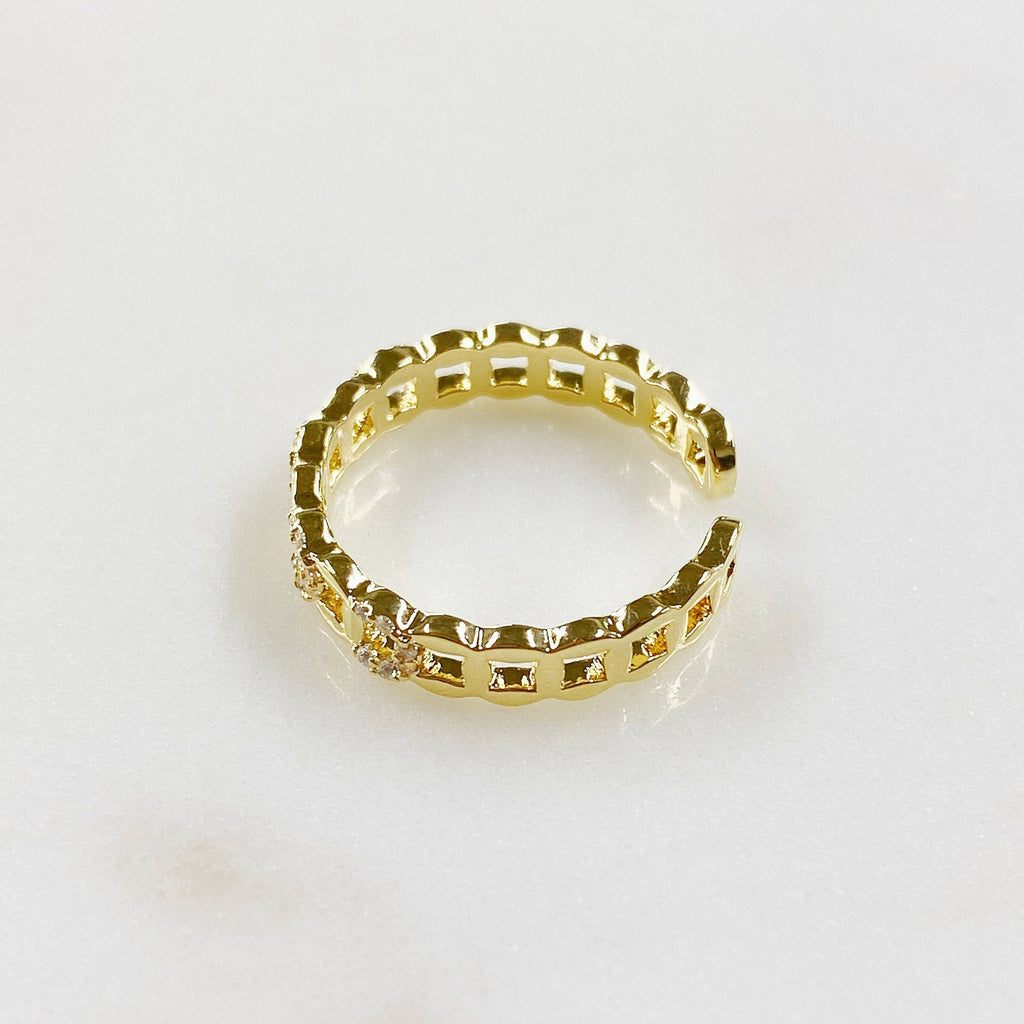 Gold Plated Adjustable Chain Link Style Ring CZ Stackable Ring
