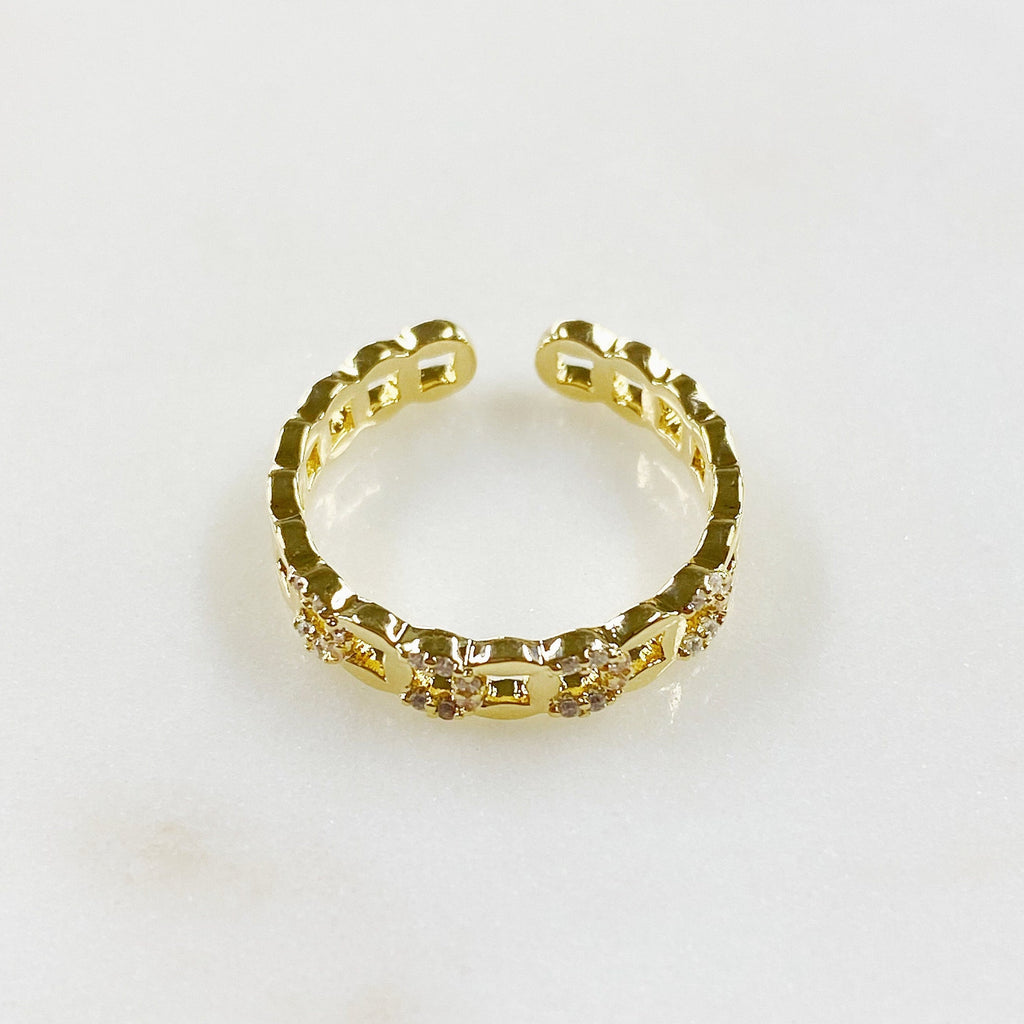 Gold Plated Adjustable Chain Link Style Ring CZ Stackable Ring