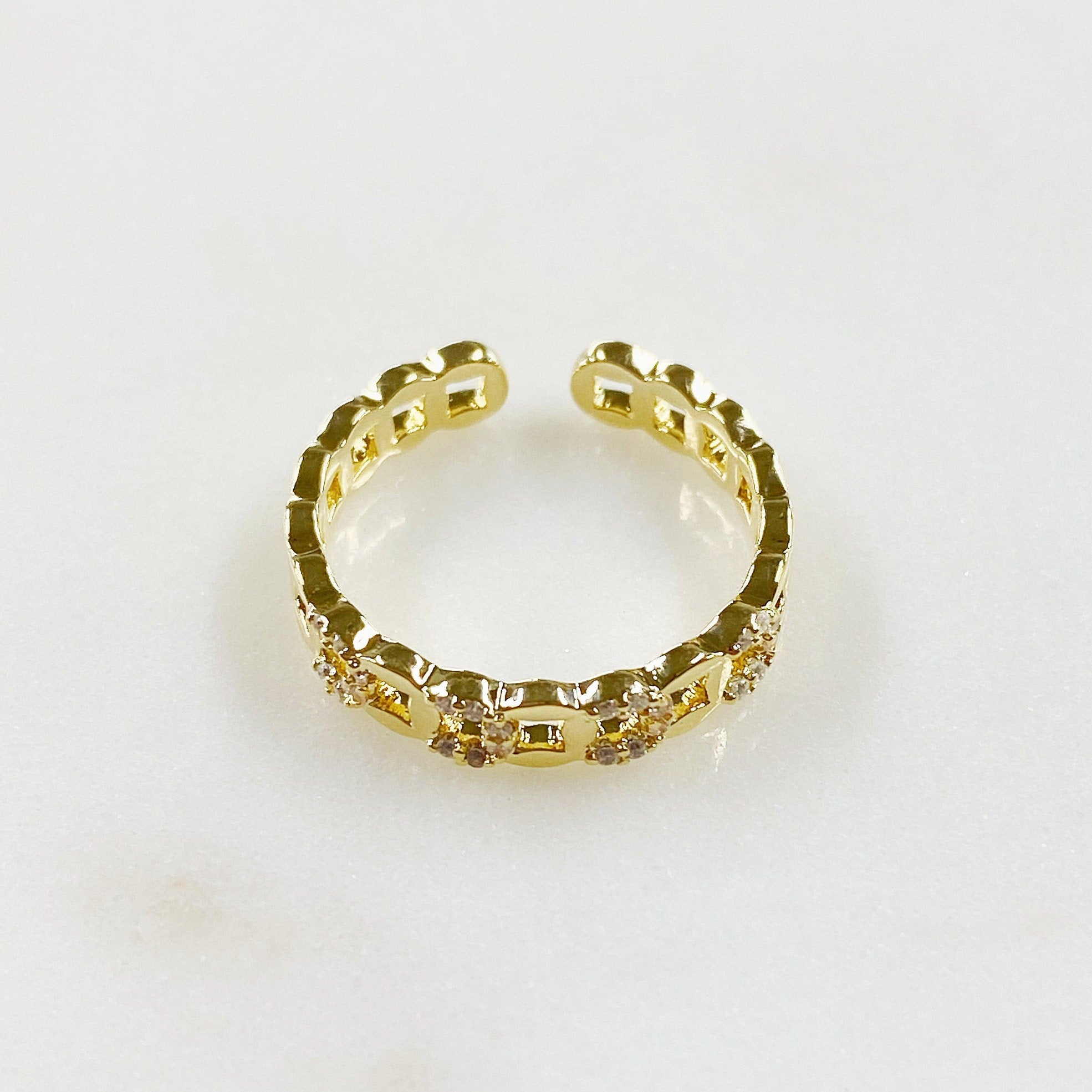 Gold Plated Adjustable Chain Link Style Ring CZ Stackable Ring
