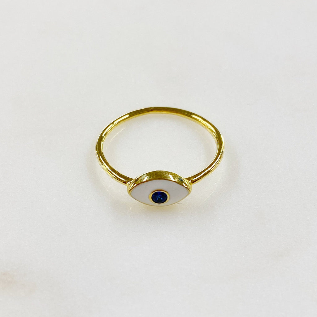 Gold Plated Evil Eye Ring White Enamel Blue Stone Thin Protection