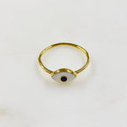 Gold Plated Evil Eye Ring White Enamel Blue Stone Thin Protection