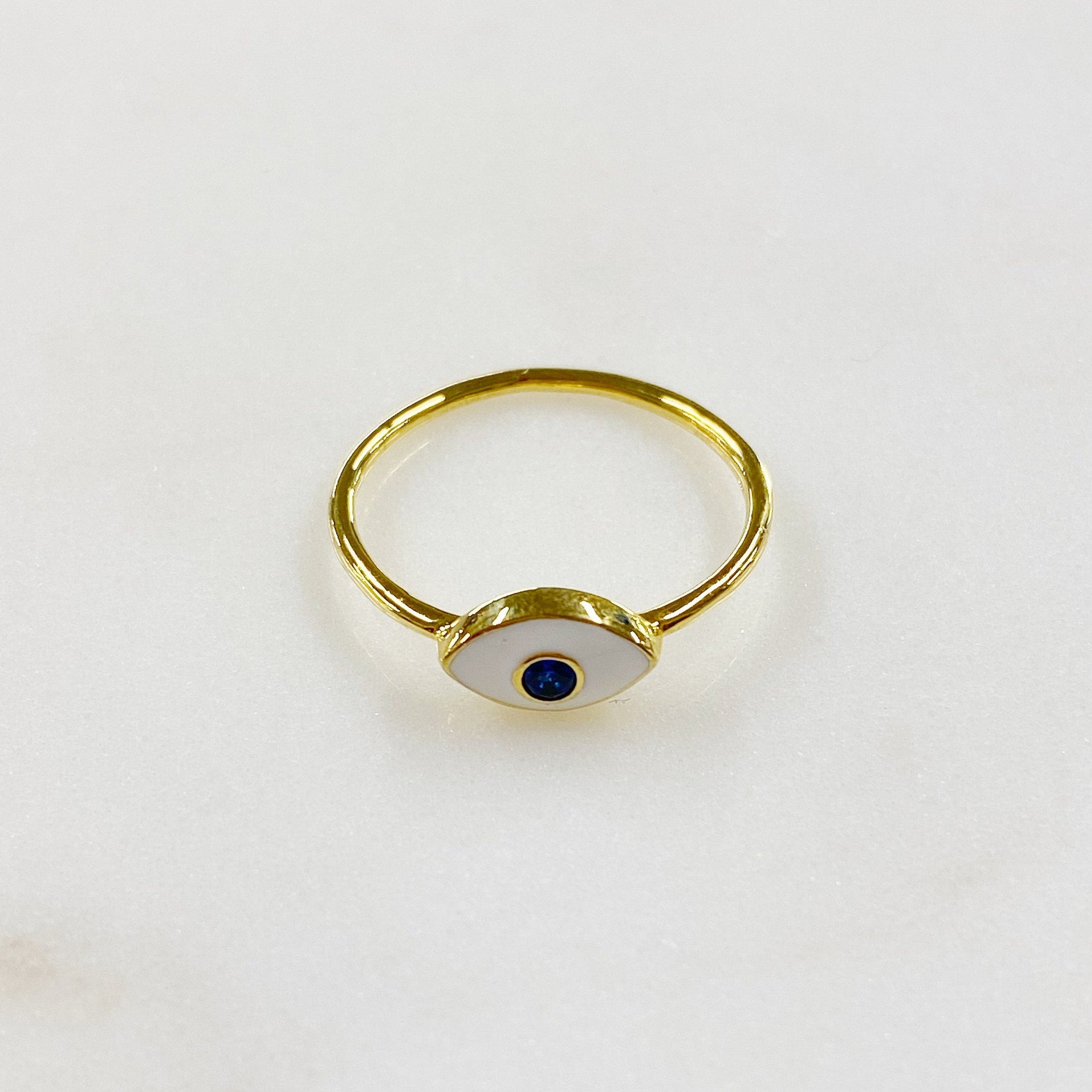 Gold Plated Evil Eye Ring White Enamel Blue Stone Thin Protection