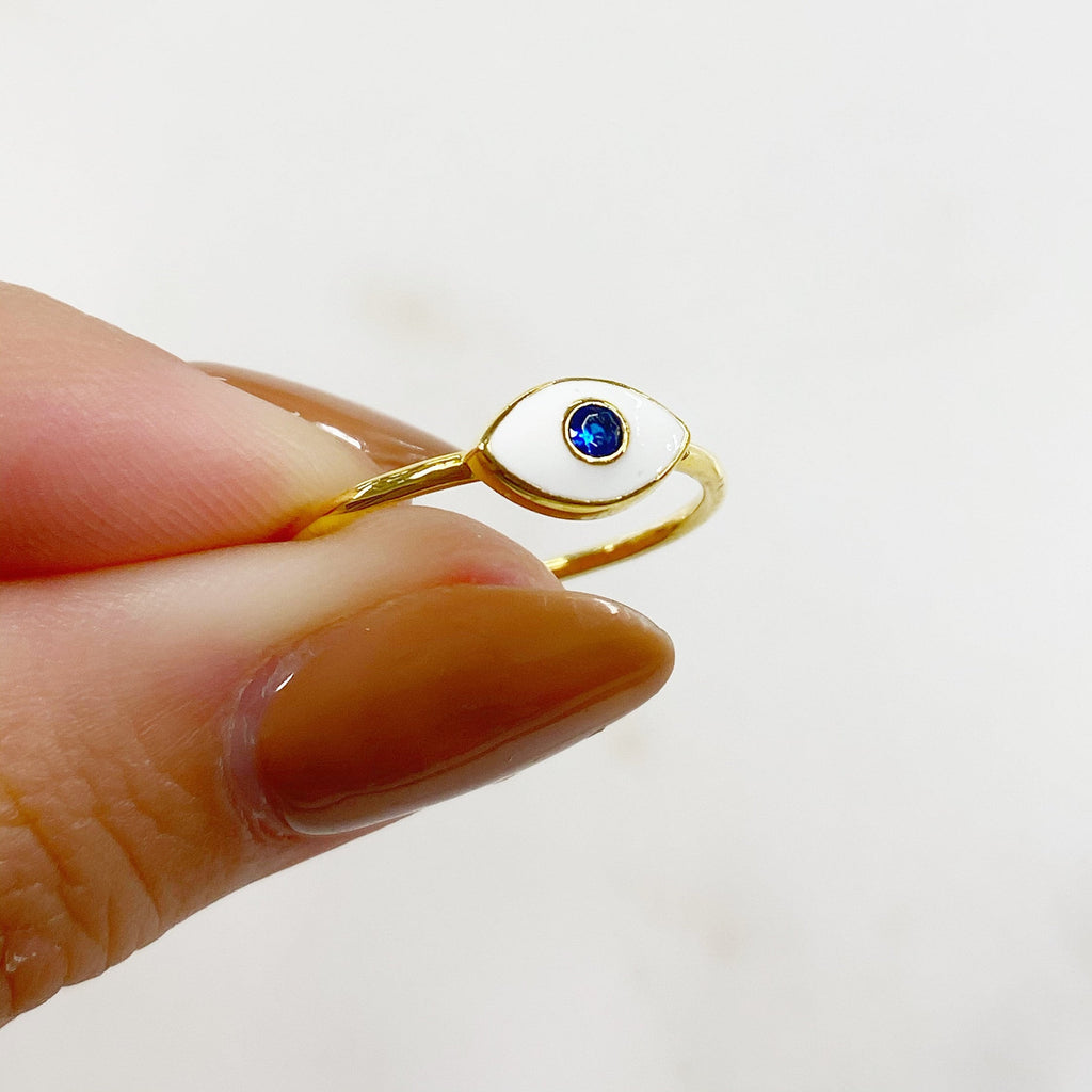 Gold Plated Evil Eye Ring White Enamel Blue Stone Thin Protection