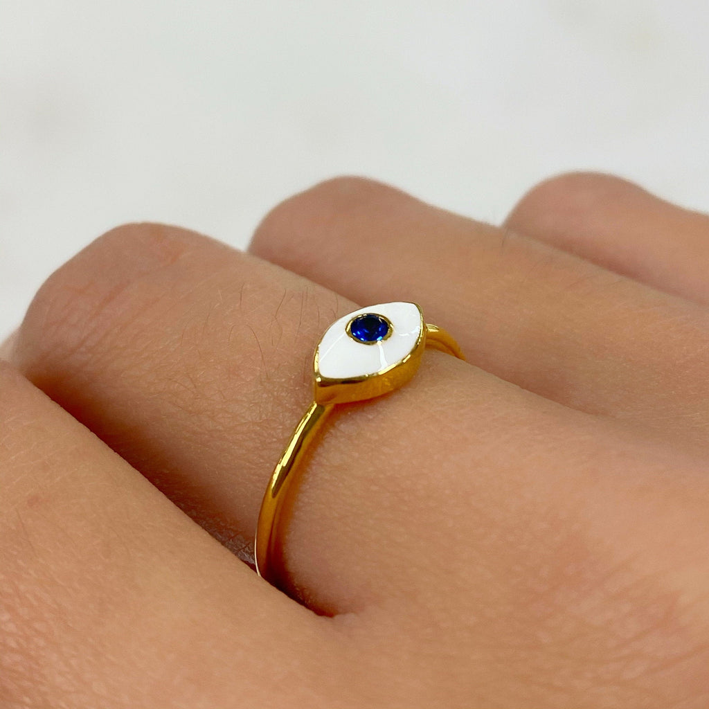 Gold Plated Evil Eye Ring White Enamel Blue Stone Thin Protection