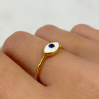 Gold Plated Evil Eye Ring White Enamel Blue Stone Thin Protection