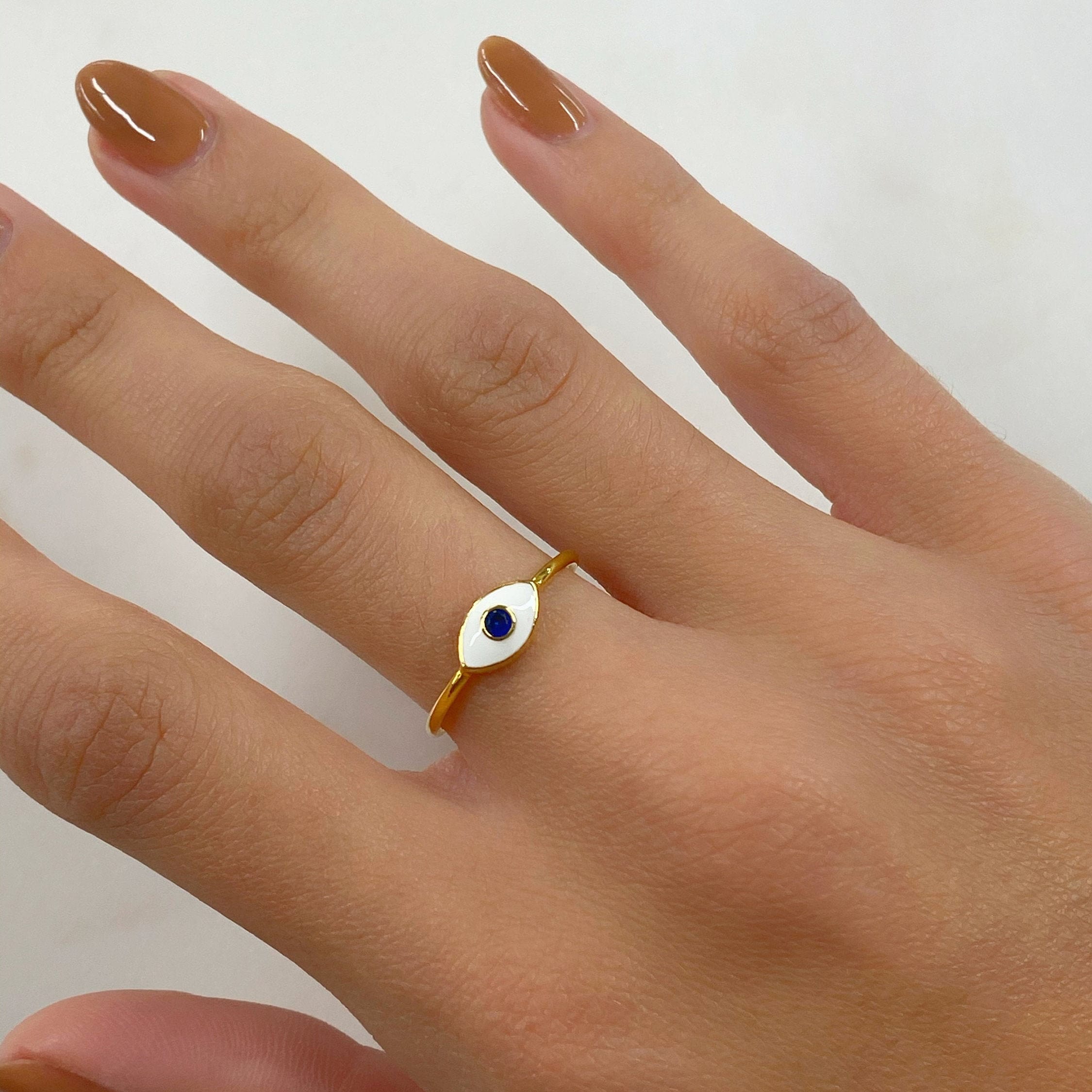 Gold Plated Evil Eye Ring White Enamel Blue Stone Thin Protection