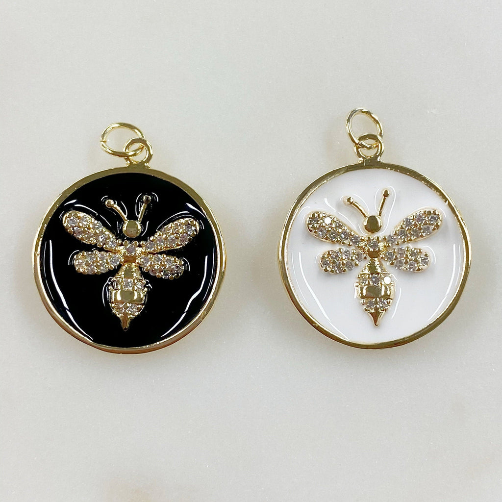 20mm Gold Plated Bumble Bee Coin Charm Black or White Enamel Cubic