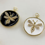 20mm Gold Plated Bumble Bee Coin Charm Black or White Enamel Cubic