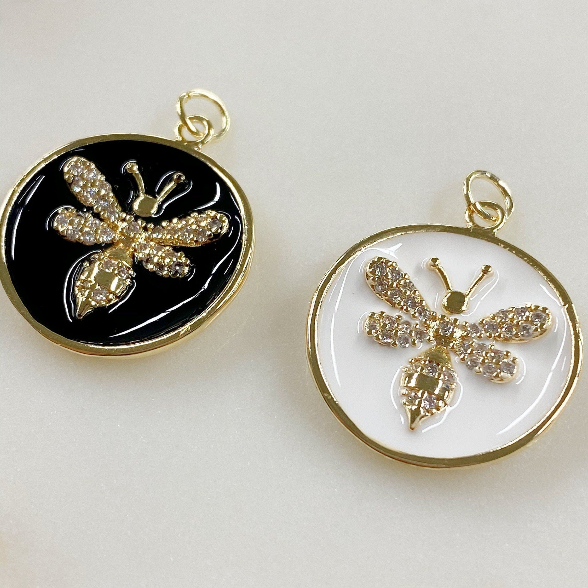 20mm Gold Plated Bumble Bee Coin Charm Black or White Enamel Cubic