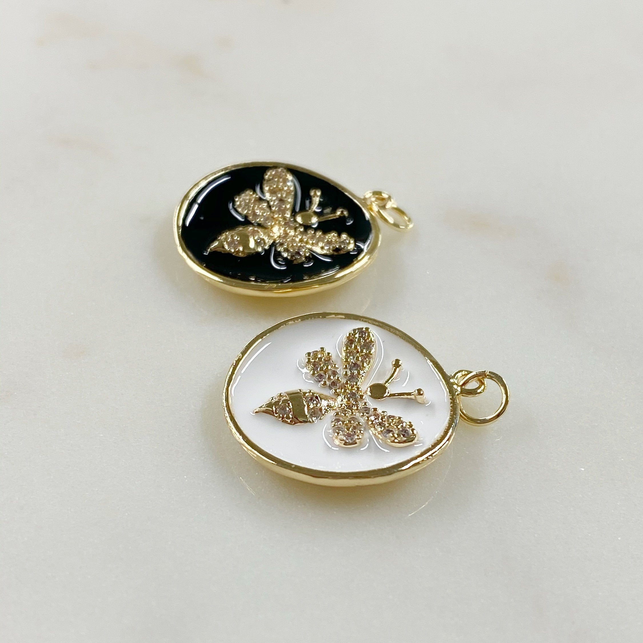 20mm Gold Plated Bumble Bee Coin Charm Black or White Enamel Cubic