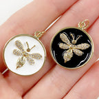 20mm Gold Plated Bumble Bee Coin Charm Black or White Enamel Cubic
