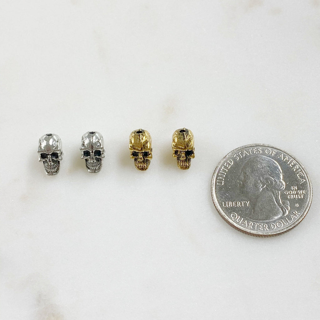 10mmx5mm Pewter Small Skull Head Bead Vertical Hole Pendant Halloween (2pc)