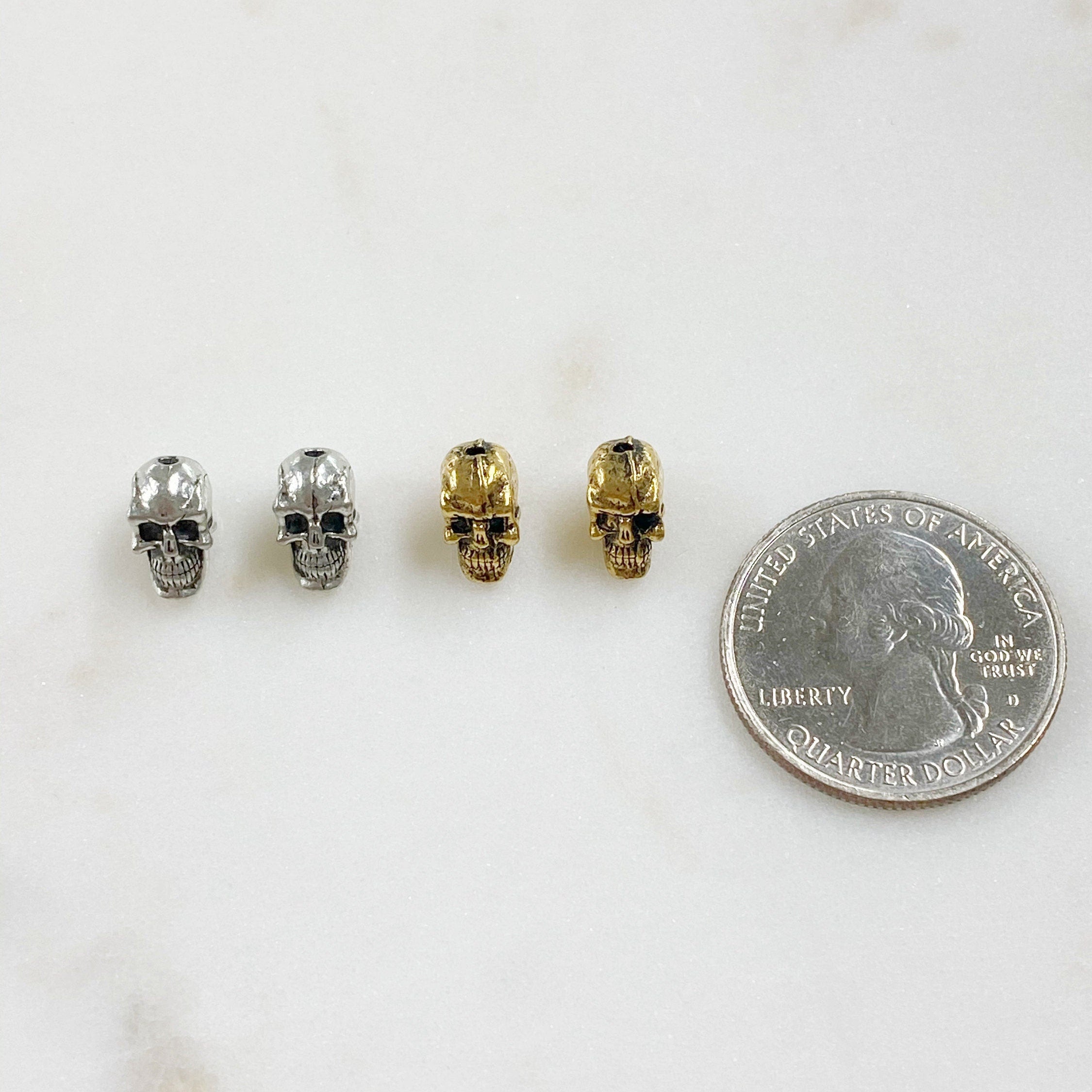 10mmx5mm Pewter Small Skull Head Bead Vertical Hole Pendant Halloween (2pc)