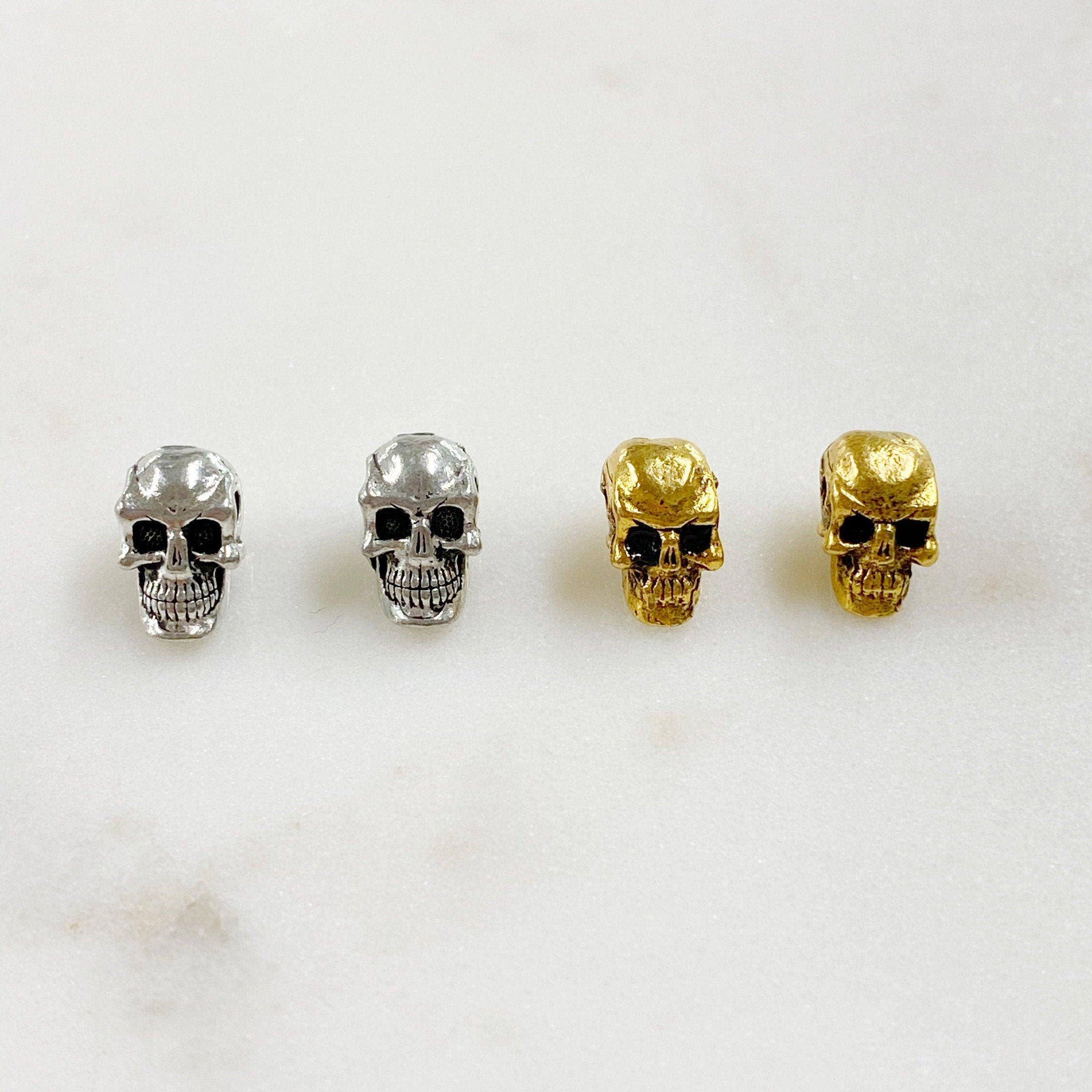10mmx5mm Pewter Small Skull Head Bead Horizontal Hole Pendant Halloween (2pc)