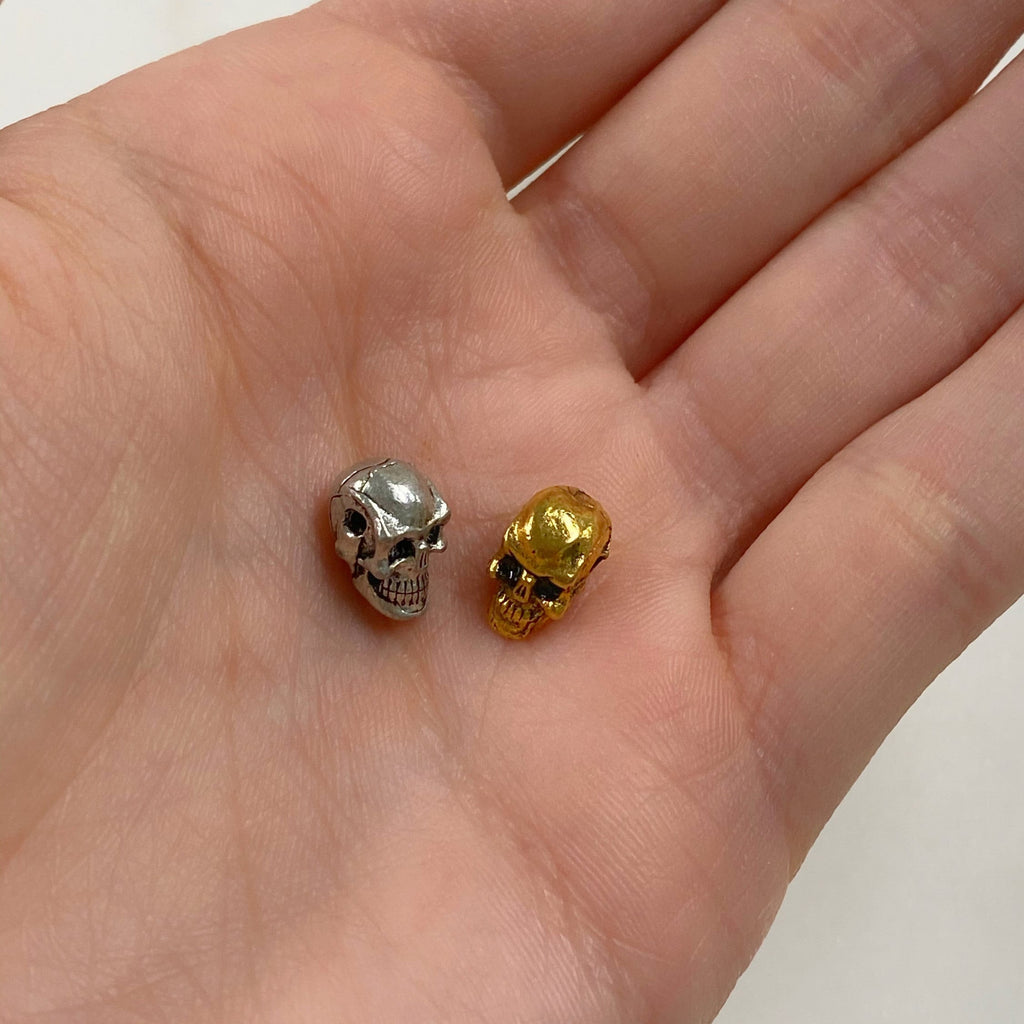 Pewter Small Skull Head Bead Horizontal Hole Pendant Halloween (2pc)