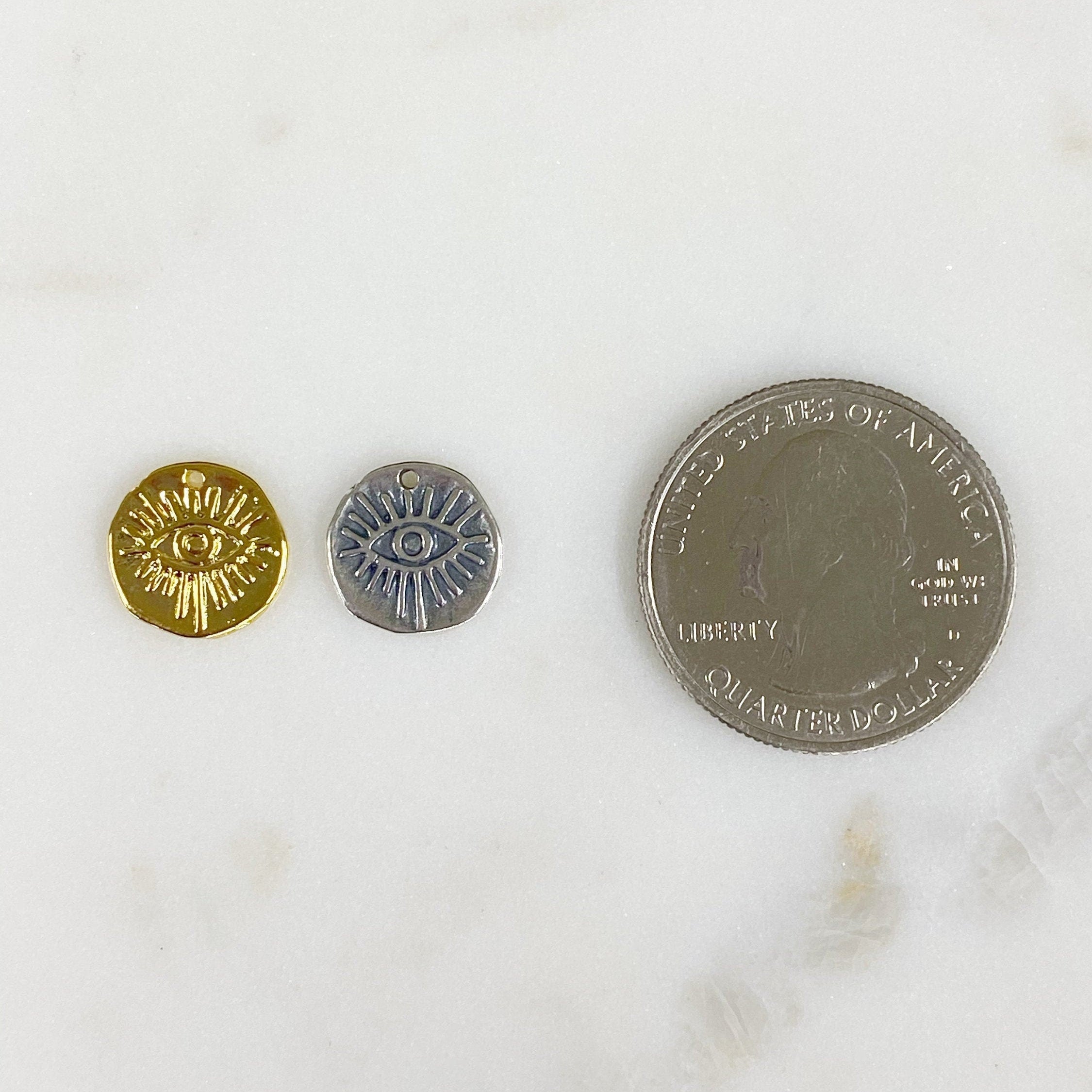 12mmx12mm Sterling Silver or Vermeil Hammered Protective Eye Coin Charm