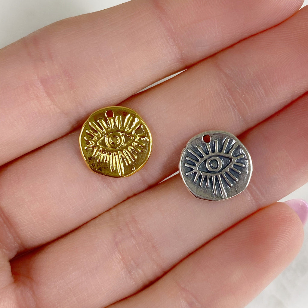 12mmx12mm Sterling Silver or Vermeil Hammered Protective Eye Coin Charm