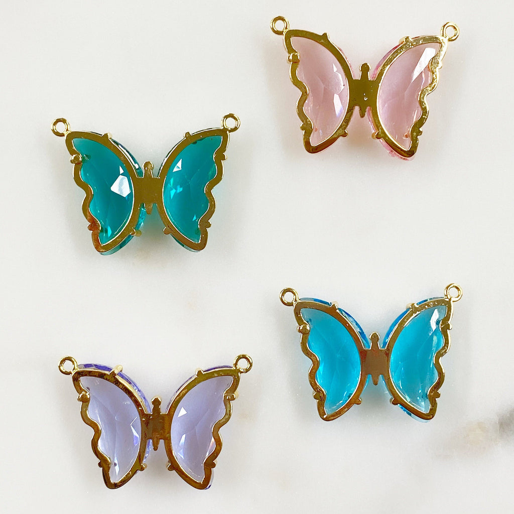 Gold Plated Large Acrylic Butterfly Statement Charm CZ Center Pink
