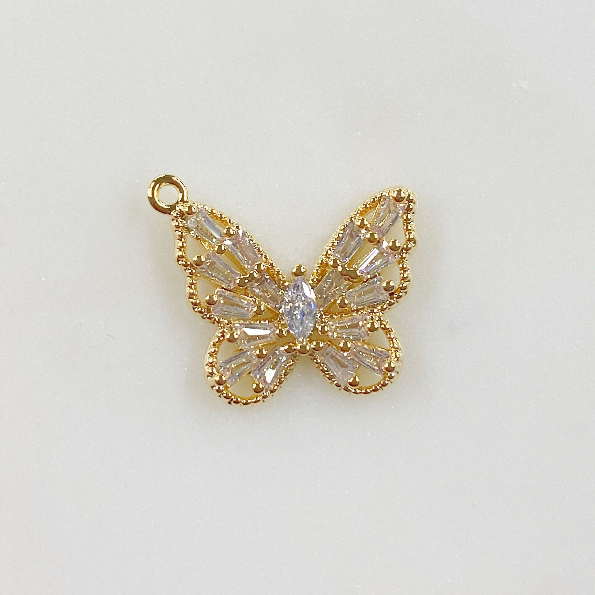 Gold Plated Baguette Butterfly Charm Baguette Shaped CZ Butterfly