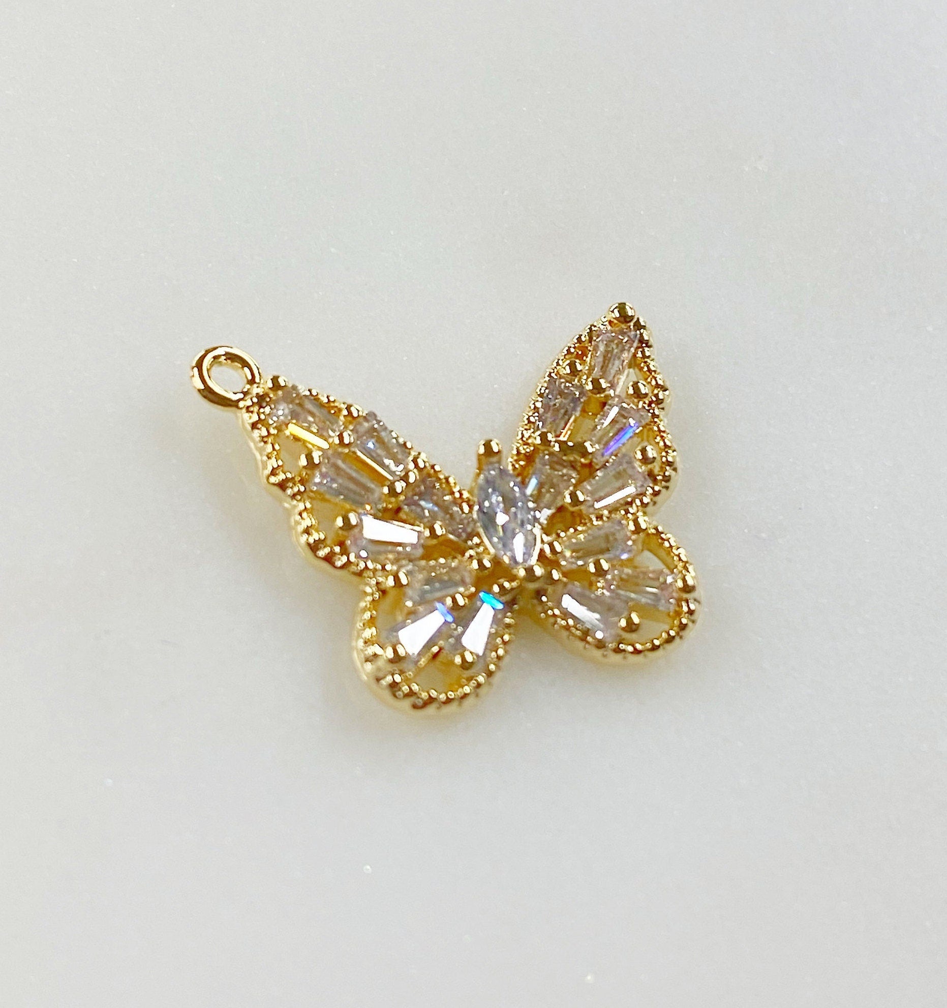 Gold Plated Baguette Butterfly Charm Baguette Shaped CZ Butterfly
