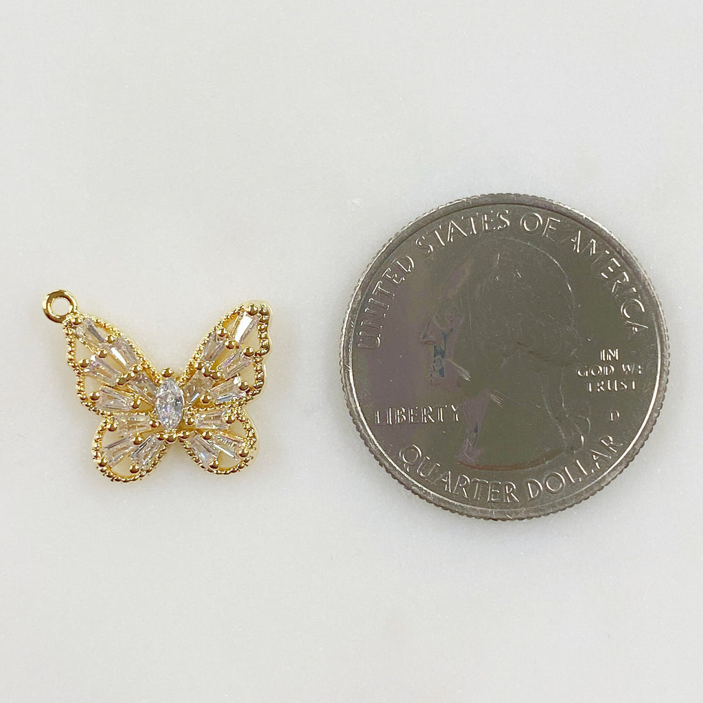 Gold Plated Baguette Butterfly Charm Baguette Shaped CZ Butterfly