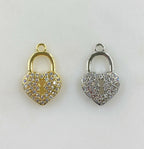 Base Metal Heart Shaped Pad Lock CZ Charm Gold or Silver