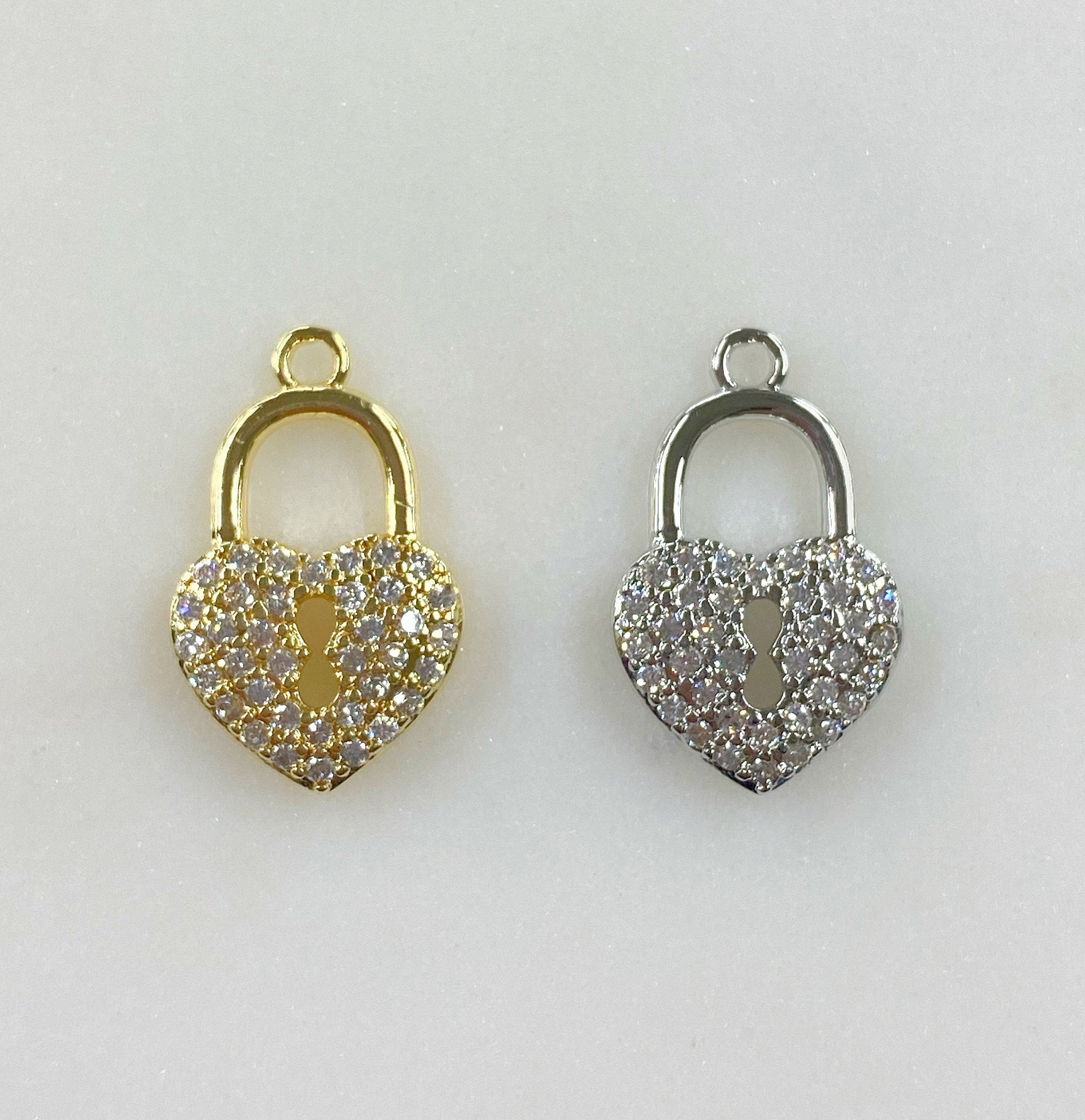 Base Metal Heart Shaped Pad Lock CZ Charm Gold or Silver