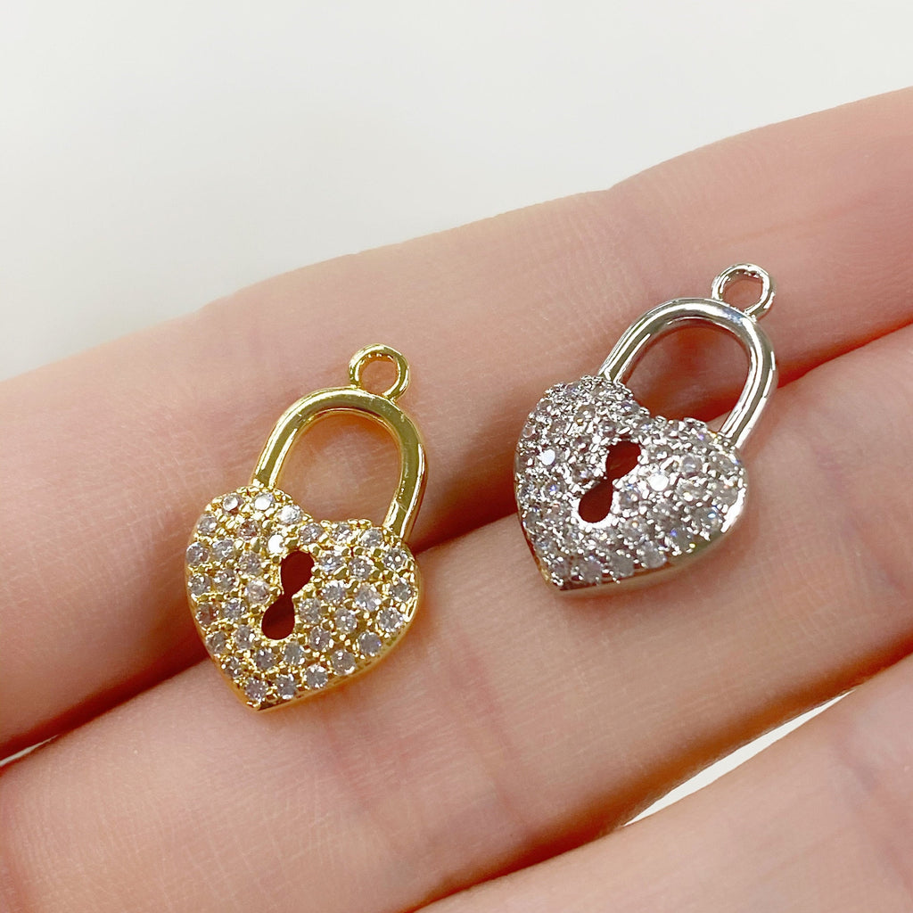 Base Metal Heart Shaped Pad Lock CZ Charm Gold or Silver
