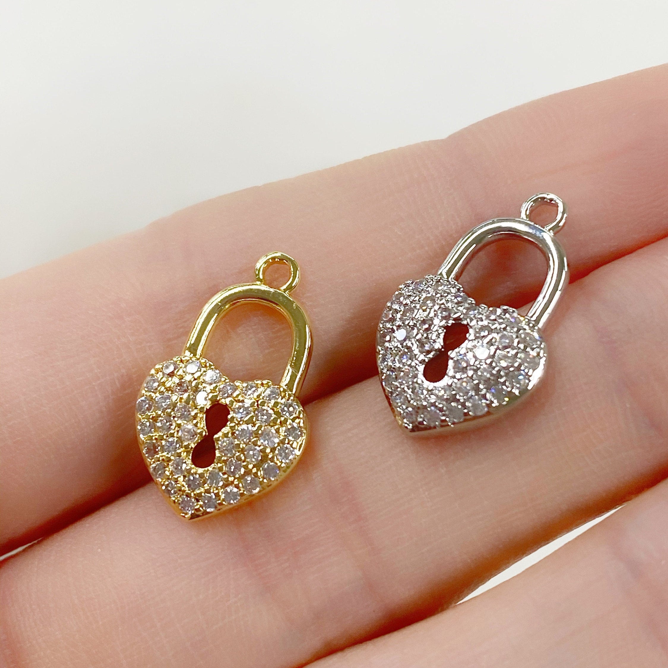 Base Metal Heart Shaped Pad Lock CZ Charm Gold or Silver