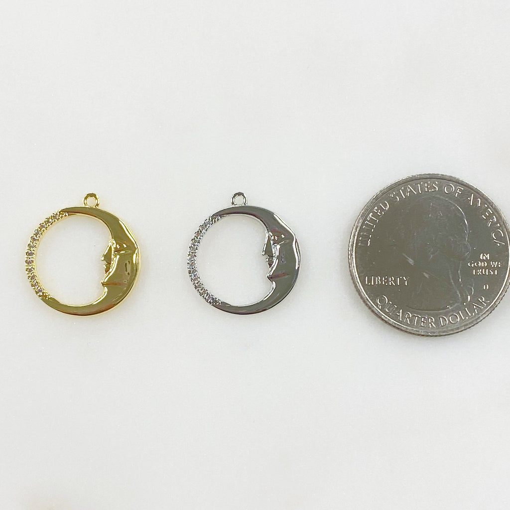 Gold Plated or Base Metal Crescent Moon Face Charm Thin Circle Half CZ Charm