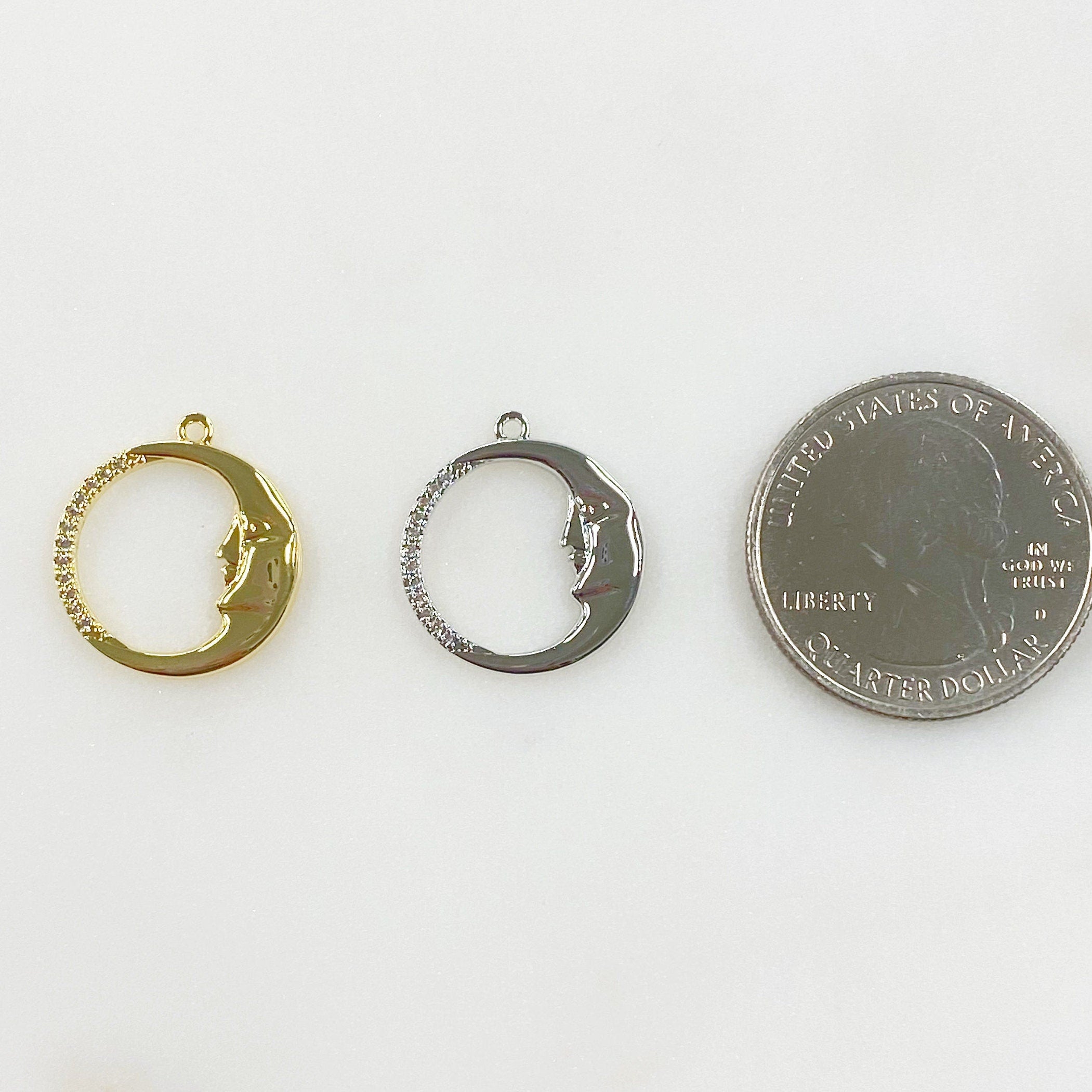 Gold Plated or Base Metal Crescent Moon Face Charm Thin Circle Half CZ Charm