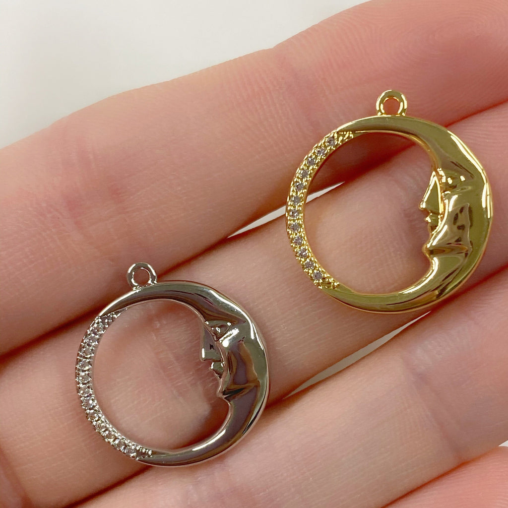 Gold Plated or Base Metal Crescent Moon Face Charm Thin Circle Half CZ Charm