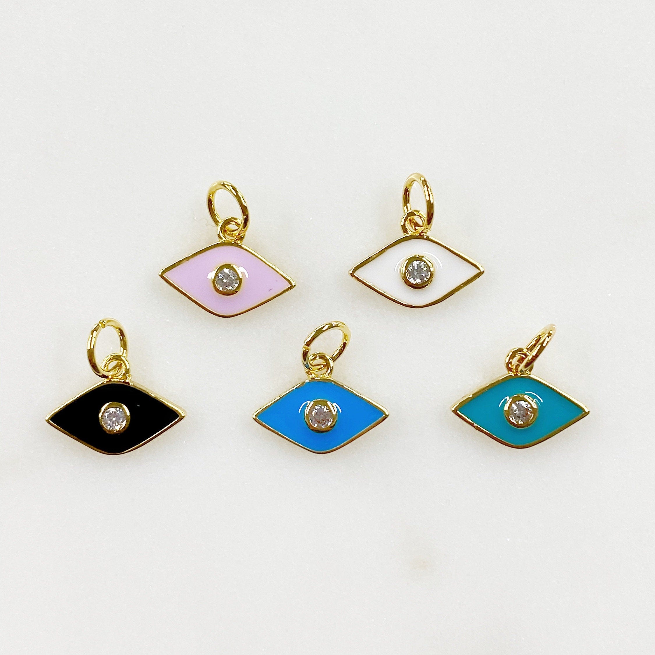 Gold Plated Dainty Evil Eye Protector Charm with CZ Eye Black Pink
