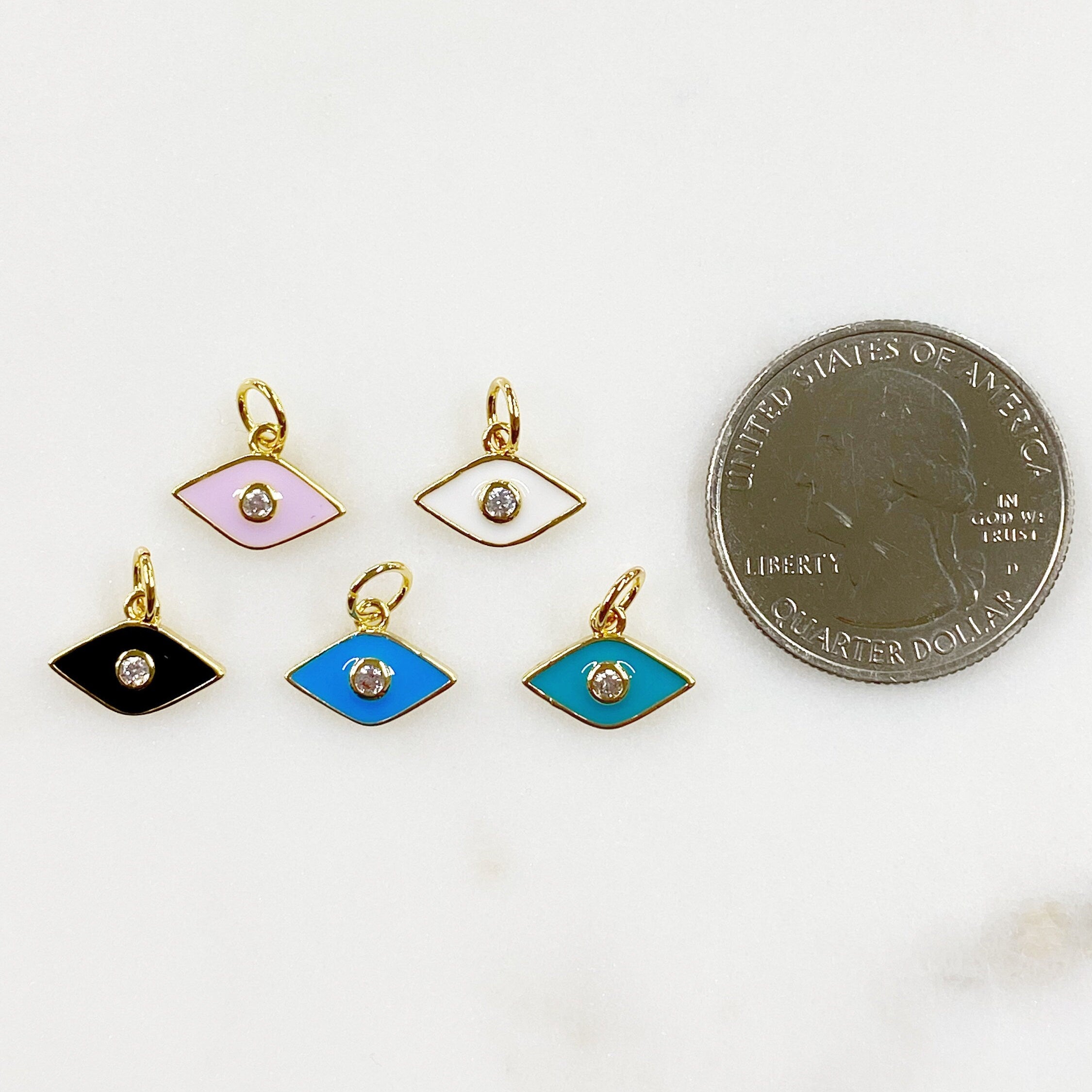 Gold Plated Dainty Evil Eye Protector Charm with CZ Eye Black Pink