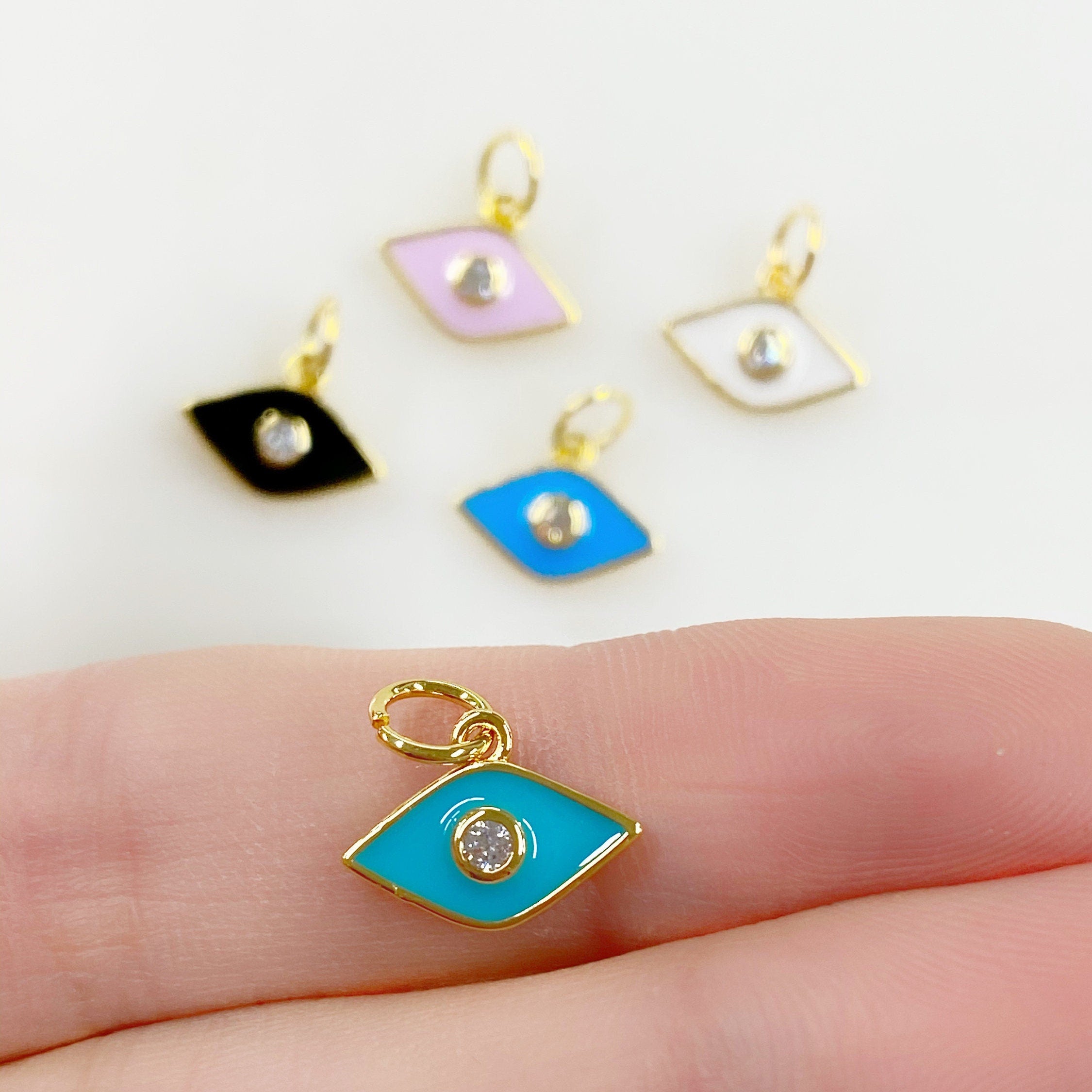 Gold Plated Dainty Evil Eye Protector Charm with CZ Eye Black Pink
